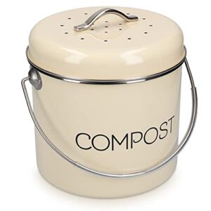 Navaris Compost Bin for Kitchen Counter – 0.8 Gallon (3L) Metal Countertop Indoor Composter Bucket with Charcoal Filters and Lid – Cream, Size Small