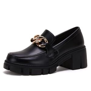 Black Loafer Women Platform,2022 New Womens Metal Chain Patent PU Leather Platform Shoes Round Toe Slip On Loafers Chunky Shoes Spring Casual Mid Low Heel Lug Sole Black,10