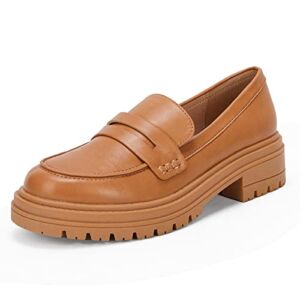 Womens Classic Penny Loafers Platform Chunky Heel Lug Sole Slip-On Office Oxford Dress Shoes Khaki