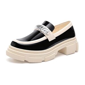 Platform Patent Leather Loafer for Women Chunky Lug Sole Slip-On Loafer Round Toe Uniform Dress Shoes Beige