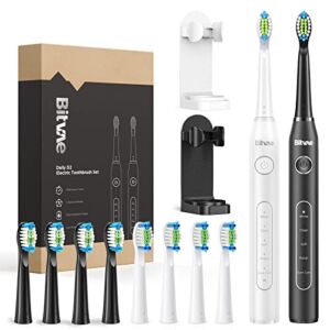 Bitvae Electric Toothbrush 2 Pack Sonic Toothbrush with Toothbrush Holders , Dual Electronic Toothbrush 8 Brush Heads 5 Modes , Rechargeable Power Toothbrush for 30 Days Using, Black & White