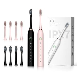 SUNPRO 2 Pack Sonic Electric Toothbrush, 42000vpm, 6 Modes, 2 Minute Built-in Timer, 8 Brush Heads (Black+Pink)