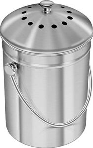 HILFA Compost Bin, Stainless Steel 1.3 Gallon Indoor Compost Bucket for Kitchen Countertop Odorless Compost Pail for Kitchen Food Waste with Carrying Handle and 3 Charcoal Filter,SB3400-BR