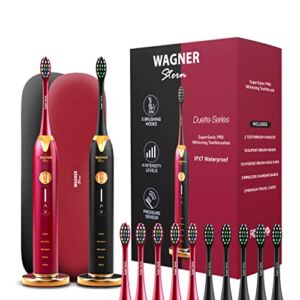 Wagner & Stern. Duette Series. 2 Electric toothbrushes with Pressure Sensor. 5 Brushing Modes and 4 Intensity Levels, 10 Dupont Bristles, 2 Premium Travel Cases. (Burgundy/Black)