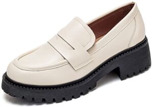 U-lite Women’s Platform Chunky Round Toe Slip-on Mid Heel Loafer for Women Classic Simple Comfort Walking Casual Uniform Dress Shoes Ivory-White 6.5