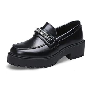 YETIER Platform Womens Loafer Leather Slip-ons Round Toe Chunky Loafer Shoes Penny Casual Fashion Shoes with Chain Black