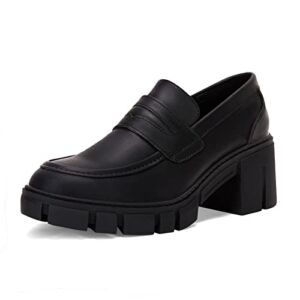 Womens Platform Penny Loafers Lug Sole Chunky Block Mid Heel Slip On Round Toe Uniform Dress Shoes Black