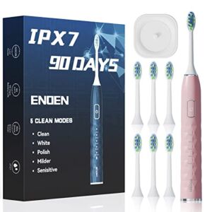 ENOEN Sonic Electric Toothbrush for Adults Kids 6 Brush Heads Soft Bristles 2 Minutes Smart Timer 5 Modes IPX7 Waterproof One Charge 90 Days Whitening Rechargeable Electronic Toothbrushes (Pink)
