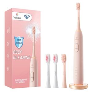 Vekkia Electric Toothbrush, Sonic Cleaning Rechargeable Toothbrush with Timer, Pressure Sensor, 4 Modes, 4 Brush Heads, Charge Lasts for 180 Days, Sonic Toothbrush for Adults (Pink Diamond)