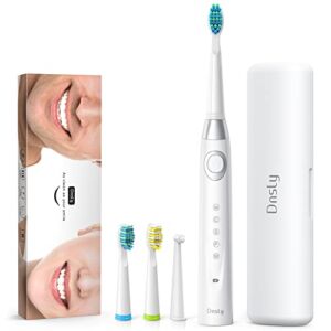 Dnsly Electric Toothbrush for Adults , Ultrasonic Rechargeable Sonic Toothbrushes , 5 Modes with Smart Timer , 4 Hours Charge for 30 Days Use , 4 White Toothbrush Heads (White)