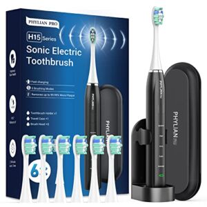 PHYLIAN PRO-Sonic-Electric-Toothbrush-for-Adults-Rechargeable-Toothbrushes-Power-Electronic Toothbrush with One Charge for 60 Days,Tooth Brush Holder and Travel Case, H15 Black