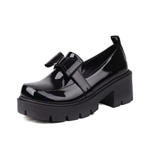 Kirliner Women’s Lug Sole Loafers Black Penny Platform Chunky Loafers for Women Slip-On Uniform Shoes with Bowknot A-Patent Black 7