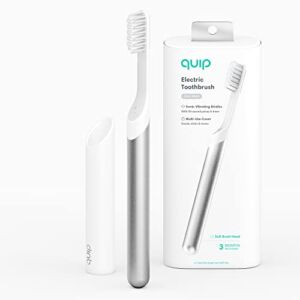 Quip Adult Electric Toothbrush – Sonic Toothbrush with Travel Cover & Mirror Mount, Soft Bristles, Timer, and Metal Handle – Silver