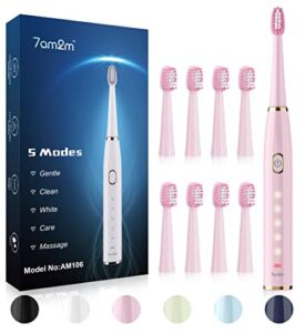 7AM2M Sonic Electric Toothbrush for Adults and Kids- High Power Rechargeable Toothbrushes with 8 Brush Heads,5 Adjustable Modes, Built-in 2-Minute Smart Timer,4 Hours Fast Charge for 75 Days(Pink)