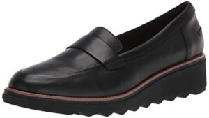 Clarks womens Sharon Gracie Penny Loafer, Black Leather With Dark Tan Welt, 8 US