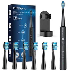 PHYLIAN PRO-Sonic-Electric-Toothbrush-for-Adults-Rechargeable-Electronic-Toothbrushes with 4 Modes 3 Intensity Levels, 6 Brush Heads, Tooth Holder, 3 Hours Fast Charge for 120 Days H18 Black