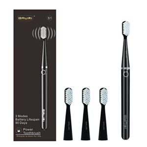 bauri Electric Toothbrush, Rechargeable Sonic Electric Toothbrush，Super Slim Electric Toothbrush, Softtips Cleaning 3 Brush Heads, IPX7 Waterproof, (Black)