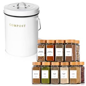 White Compost Bin Kitchen Counter, Countertop Compost Bin with Lid + Spice Jars with Label Bamboo Lid, 36 Seasoning Organizer Spices and Seasonings Sets Spice Containers with Labels
