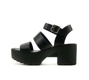 SODA ACCOUNT ~ Women Open Toe Two Bands Lug sole Fashion Heel Sandals with Adjustable Ankle Strap (Black, numeric_8_point_5)