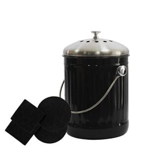 4W Indoor Compost Bin for Kitchen Counter-1.3 Gallon Compost Bucket with Stainless Steel Lid for Odorless Composting- Includes 4 Charcoal Filters (Black)