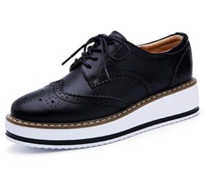DADAWEN Women’s Platform Lace-Up Wingtips Square Toe Oxfords Shoe Black Leather US Size 7.5/Asia Size 39/24.5cm