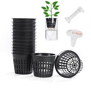 12 Pack 3 inch Net Cup Pots with 12 feet Hydroponic Self Watering Wick & 12 Plant Labels Aquaponics Mason Jar Bucket Insert Orchid kratky Vegetable Gardening Growing Netted Baskets Slotted Mesh