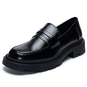 youngshow Penny Loafers for Women Comfortable Chunky Platform Loafers for Women Non Slip Round Toe Leather Loafers Casual Business Work Shoes Womens Uniform Oxfords Slip On Loafers Black