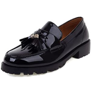 RUSAUISE Women’s Patent Leather Tassel Chunky Loafer Casual Slip On Platform Loafer Shoes Black