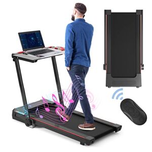 GYMAX 3 in 1 Under Desk Treadmill, Folding Treadmill with Removable Desktop, LCD Monitor,12 Preset Programs, Built-in Speaker & Remote Control, Desk Treadmill Running Jogging Walking Machine (Black)