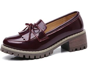 DADAWEN Women’s Classic Tassel Slip-On Platform Mid-Heel Square Toe Oxfords Dress Shoes Wine Red US Size 6.5