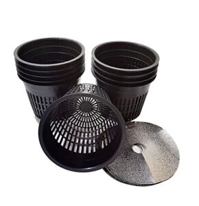 5 Inch Net Pots Raised Center Bottom Mesh Side Wide Rim Round Cup Design with Free Reflective Top Lids for Orchids Plant Growing and Hydroponics Systems ( Pack of 10, Black)