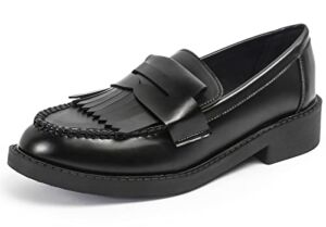 DADAWEN Women’s Slip-On Tassel Round Toe Platform Casual Oxfords Dress Shoes Black US Size 8
