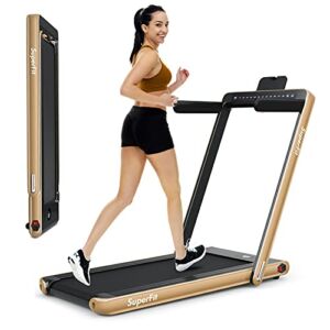 GYMAX Under Desk Treadmill, Folding 2 in 1 Electric Running Walking Machine with Smart App Control, Remote & Dual LED Screen Monitor, Portable for Home Gym Small Apartment (Gold)