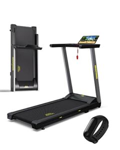 300 lb Capacity Foldable Treadmill – 3.0HP Portable Folding Treadmills for Home&Office, with Heart Rate Monitoring Bluetooth Band&Online Events (Band, Yellow Logo)