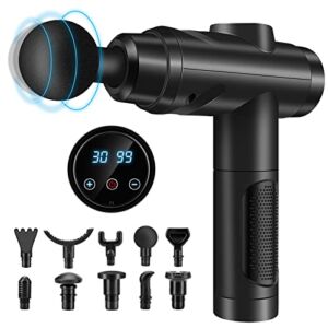 Massage Gun Deep Tissue, Muscle Percussion Massager with 30 Speeds, Quiet Handheld Massagers with LCD Touch Screen 10 Heads for Athletes Shoulder Body Back Neck Relaxation (Black) (Black)