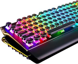 RK ROYAL KLUDGE Typewriter Style Mechanical Gaming Keyboard with True RGB Backlit Collapsible Wrist Rest 108-Key Blue Switch Retro Round Keycap – Black