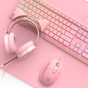 Pink Keyboard and Mouse Combo & Pink Gaming Headset & Large Gaming Mousepad, Adjustable DPI Gaming Mouse, Cat Ear Headphones with Mic, Backlit Pink Keyboard, 35x15in Mouse Pad, for Windows, PC, Laptop