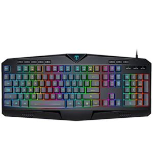 Membrane Gaming Keyboard with Wired 104 Silent Keys, 25-Key Anti-ghosting, Double Lock Function Keyboard, 7-Color RGB LED, Crater Architecture