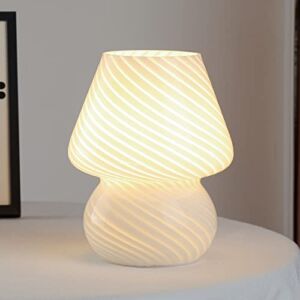 Table Lamp Mushroom Glass Bedside Lamp with 3 Color Modes Bulb LED Nightstand Lamp Small Decorative Table Lamp for Bedroom Living Room Gift Present Not Dimmable(White Stripe)