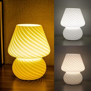 Glass Mushroom Lamp LED USB Night Light Dimmable Small Bedside Lamp 3000/4000/5500K Bedroom Table Lamp Translucent Striped Ambient Lighting Gift Ideas (White)