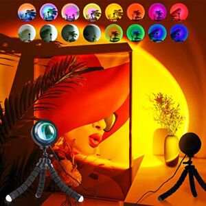 Modern Sunset Lamp 16 Color LED Projector 50MM Crystal Lens 9W Brighter Projection Lens. Mood Lighting Rainbow & Red Sun Display lamp. 360° Rotation App + Remote. Photography Living Room Bedroom Decor