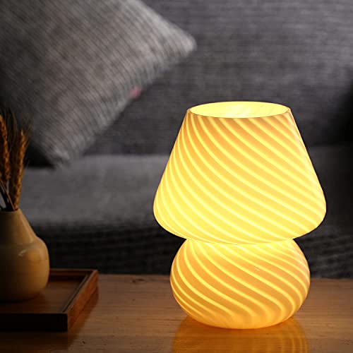 Mushroom Lamp,Glass Table Bedside Lamps Translucent Murano Vintage Style Striped Small Night Mushroom Decor Light Swirl for Ambient,Kids,Bedroom,Living,Girl Gift (Stripe White) | The Storepaperoomates Retail Market - Fast Affordable Shopping