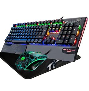 Multimedia Knob Computer Mechanical Keyboard Sandblast Metal Panel,104-Keys Conflict Free Buttons Gaming Keyboard,Dazzle Colour on Both Side, Mouse+Mouse Pads (Black/Raionbow Backlit / Blue Switch)