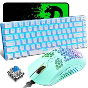 Mechanical Gaming Keyboard and Mouse Combo Blue LED Backlit Keyboard,12000 DPI RGB Lightweight Gaming Mouse with Honeycomb Shell,Large Mouse Pad for Windows Gaming PC(Macaron Green)