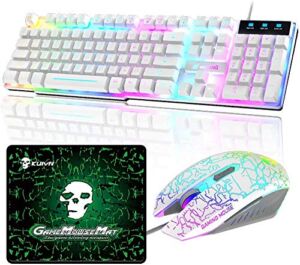 KUIYING Gaming Keyboard and Mouse Combo,RGB Rainbow Backlit Keyboard with PC Wired Keyboard+2400DPI 6 Buttons Rainbow LED Gaming Mouse+Mouse Pads for PC PS4 (White), 20.9 x 6.1 x 2.1