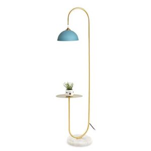 Hsyile KU300240 Modern Standing Light for Bedroom & Living Room Floor Lamp with a Table,LED Floor Lamp for Reading – Brushed Brass Finish and Blue Lamp Shade – Bulb Included