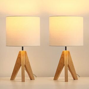 DEWENWILS Small Table Lamp, Wooden Tripod Table Lamp with White Linen Fabric Shade, 2 Pack Table Lamp for Living Room, Bedroom, Side Table, Nursery, Office, 14.2 in, Switch UL Listed