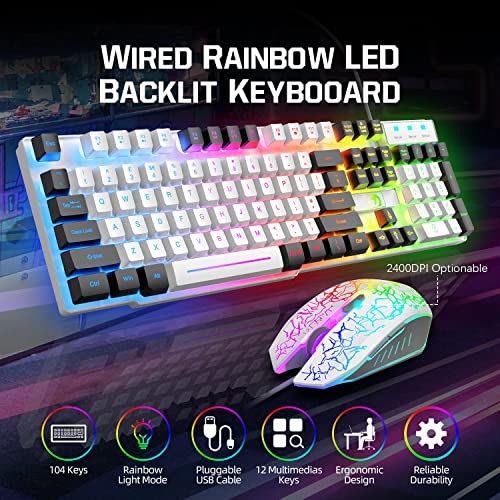 Wired Gaming Keyboard and Mouse and Mouse pad and Gaming Headset,Rainbow LED Backlit Keyboard,Over Ear Headphone with Mic,Gaming Mice,Mouse Pad,for PC Gamers and Xbox and PS4(White/Black) | The Storepaperoomates Retail Market - Fast Affordable Shopping