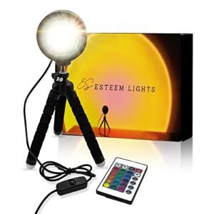 Esteem Lights Bundle Package USB Port Included – Sunset Lamp Projector – Sunlight Projection -16 LED Color Changing – 360 Degrees Rotation with Tripod – App and Remote Controlled Lighting
