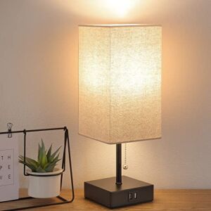 GGOYING Bedside Table Lamp, Pull Chain Table Lamp with 2 USB Charging Ports, 2700K LED Bulb, Fabric Linen Lampshade, Nightstand Lamp for Livingroom Bedroom Office Reading Working